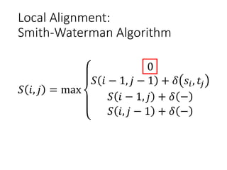 Local Alignment:
Smith-Waterman Algorithm
𝑆𝑆 𝑖𝑖, 𝑗𝑗 = max
0
𝑆𝑆 𝑖𝑖 − 1, 𝑗𝑗 − 1 + 𝛿𝛿 𝑠𝑠𝑖𝑖, 𝑡𝑡𝑗𝑗
𝑆𝑆 𝑖𝑖 − 1, 𝑗𝑗 + 𝛿𝛿 −
𝑆𝑆 𝑖𝑖, 𝑗𝑗 − 1 + 𝛿𝛿 −
 