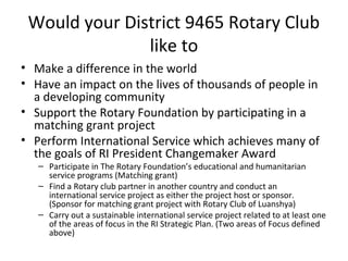 Would your District 9465 Rotary Club
like to
• Make a difference in the world
• Have an impact on the lives of thousands of people in
a developing community
• Support the Rotary Foundation by participating in a
matching grant project
• Perform International Service which achieves many of
the goals of RI President Changemaker Award
– Participate in The Rotary Foundation’s educational and humanitarian
service programs (Matching grant)
– Find a Rotary club partner in another country and conduct an
international service project as either the project host or sponsor.
(Sponsor for matching grant project with Rotary Club of Luanshya)
– Carry out a sustainable international service project related to at least one
of the areas of focus in the RI Strategic Plan. (Two areas of Focus defined
above)
 