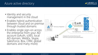 © Arbela Technologies Corp www.ArbelaTech.com @ArbelaTech
• Identity and security
management in the cloud
• Enables hybrid authentication
between cloud and on premise
through trusted domains
• Enables single sign-on across
the enterprise from your AD
account (oAuth, o365, local
AD domain, WebEx, Skype,
SalesForce, Box, CRM, global
domains and many more)
16
Azure active directory
 