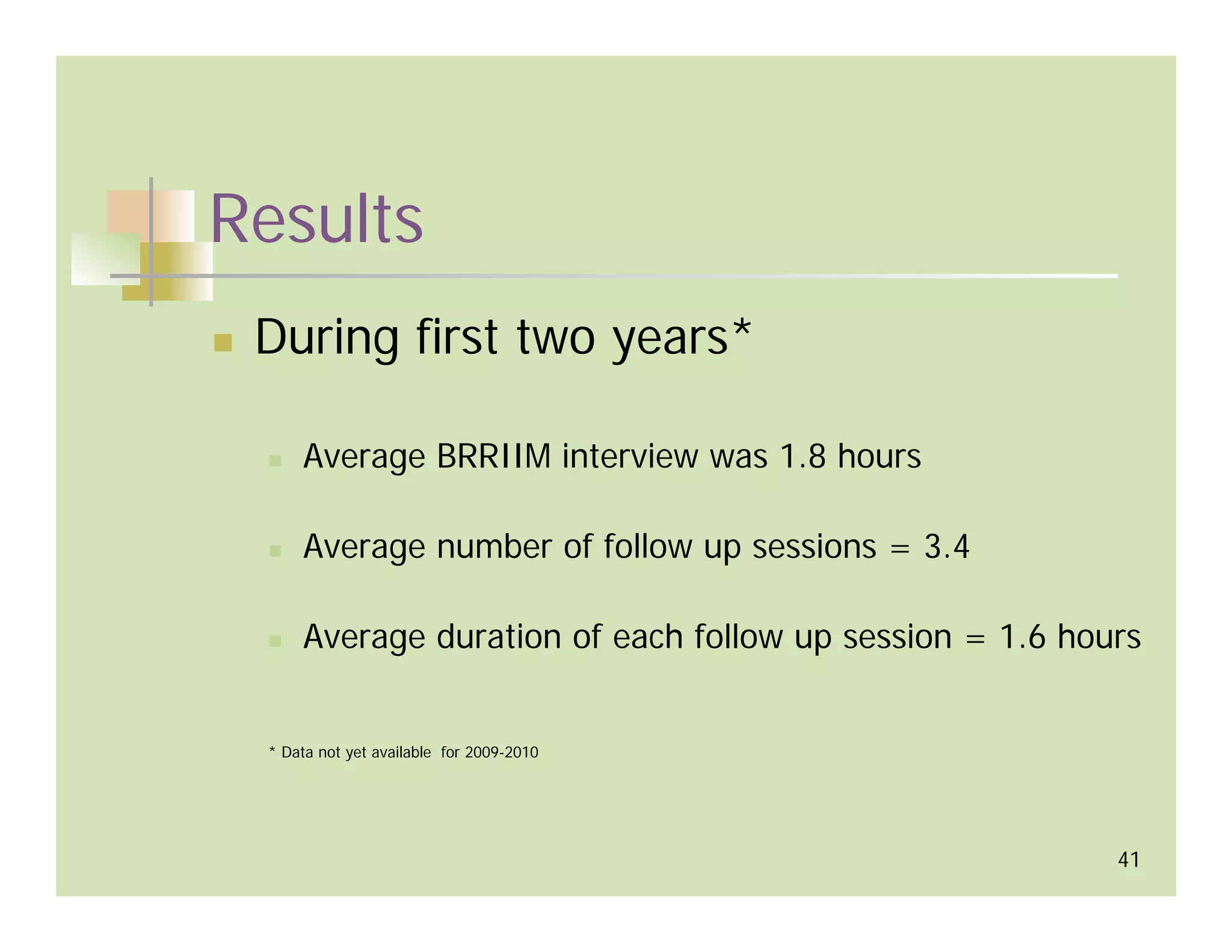 Results
 During first two years*

     Average BRRIIM interview was 1.8 hours

     Average number of follow up sessions = 3.4

     Average duration of each follow up session = 1.6 hours


 * Data not yet available for 2009-2010




                                                         41
 