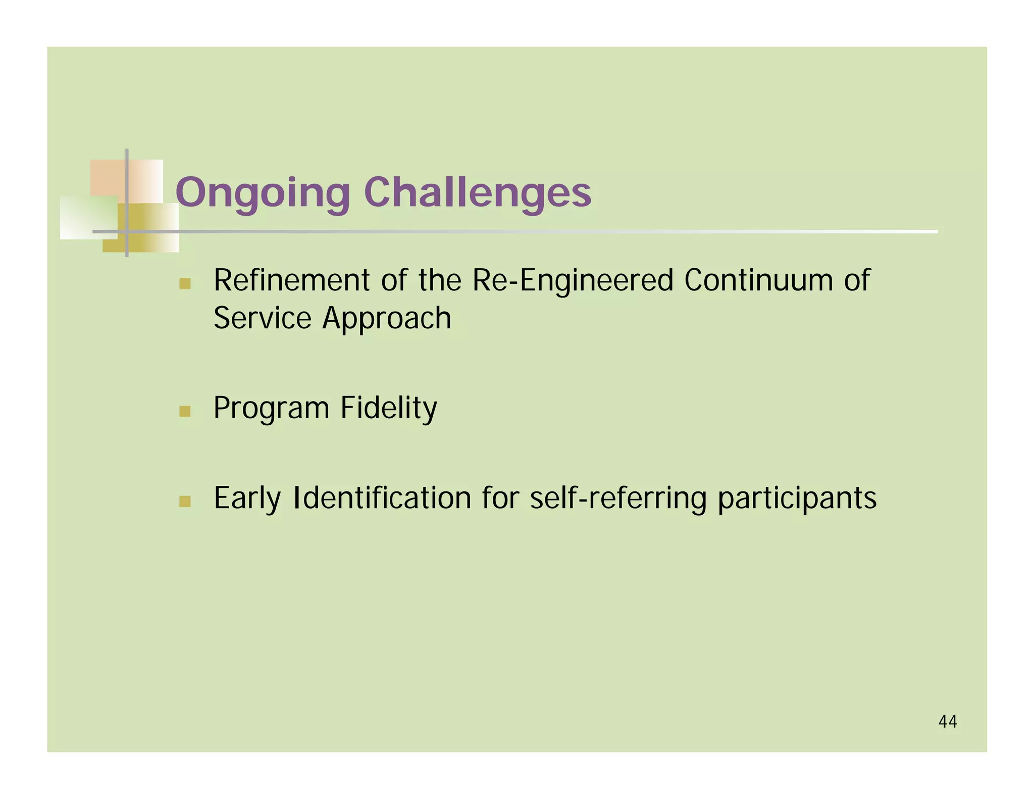 Ongoing Challenges

 Refinement of the Re-Engineered Continuum of
 Service Approach

 Program Fidelity

 Early Identification for self-referring participants




                                                        44
 