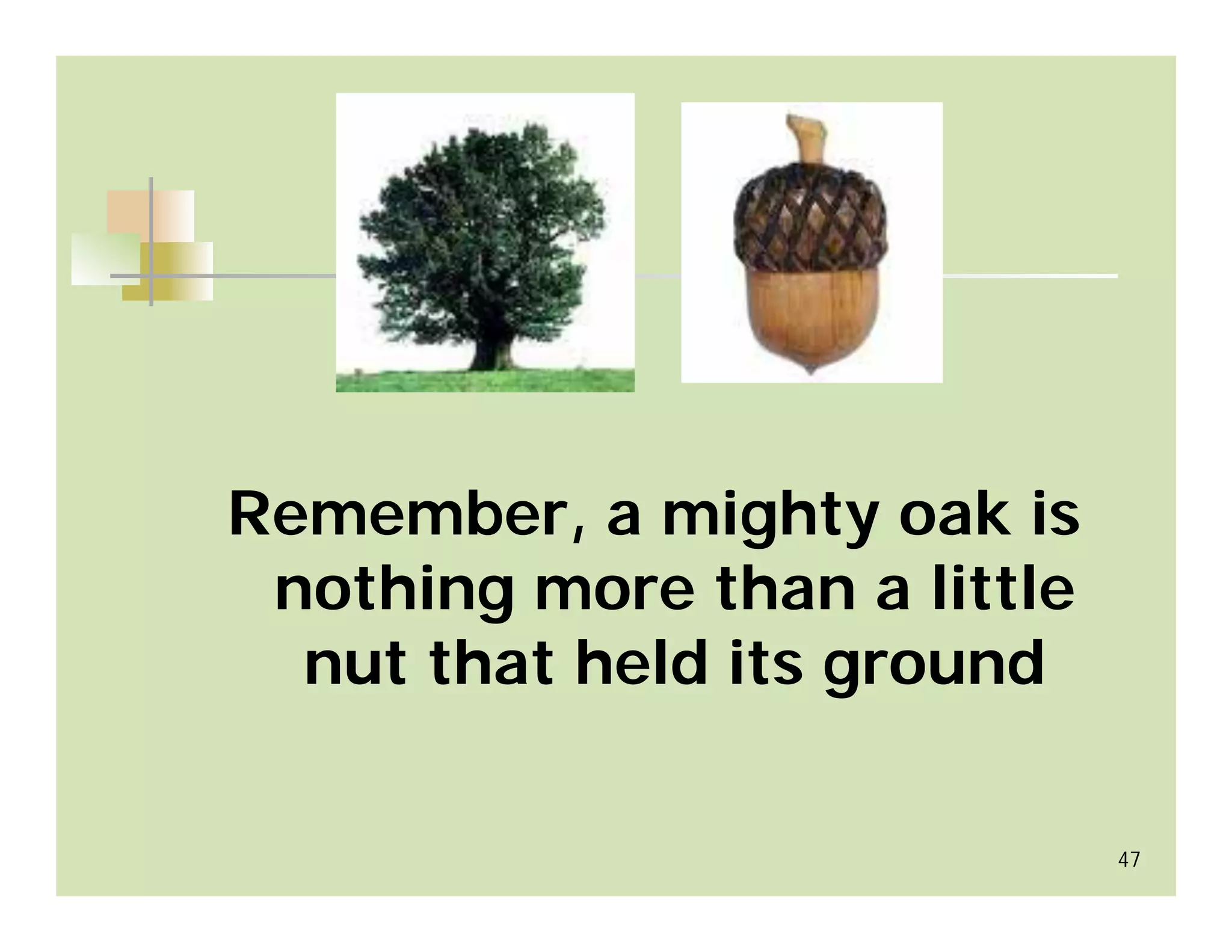 Remember, a mighty oak is
 nothing more than a little
  nut that held its ground

                              47
 