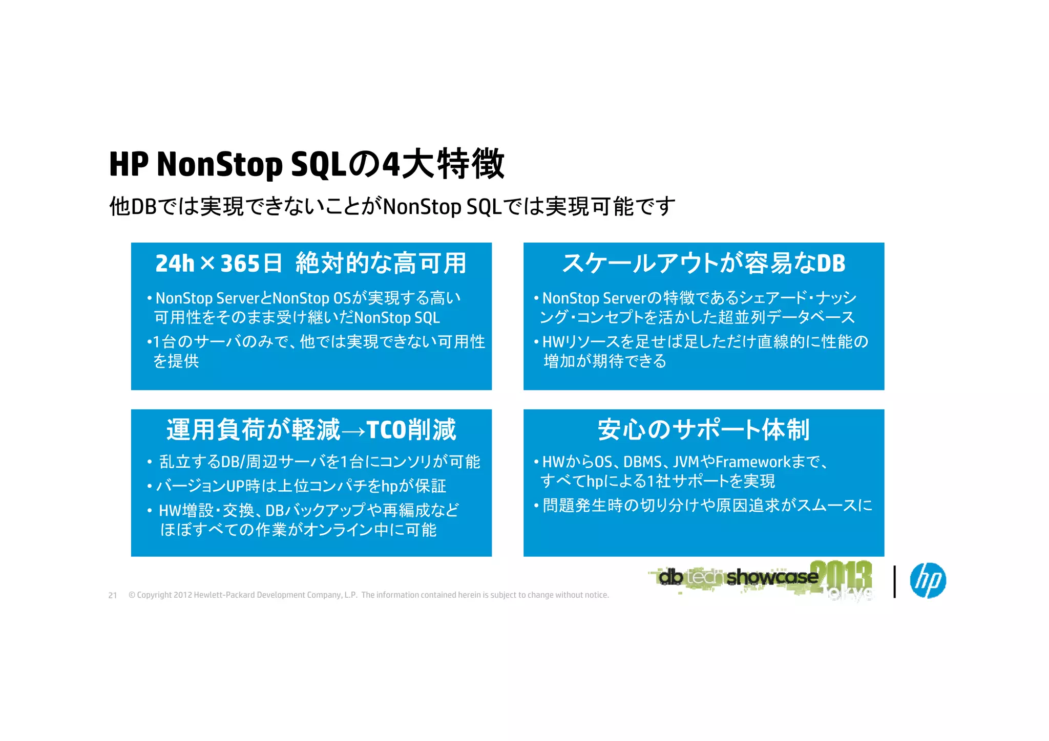 HP NonStop SQLの4大特徴
他DBでは実現できないことがNonStop
他DBでは実現できないことがN St SQLでは実現可能です

24h×365日 絶対的な高可用

スケールアウトが容易なDB

• NonStop ServerとNonStop OSが実現する高い
可用性をそのまま受け継いだNonStop SQL

• NonStop Serverの特徴であるシェアード・ナッシ
ング・コンセプトを活かした超並列データベース

•1台のサーバのみで、他では実現できない可用性
を提供

• HWリソースを足せば足しただけ直線的に性能の
増加が期待できる

運用負荷が軽減→TCO削減

安心のサポート体制

• 乱立するDB/周辺サーバを1台にコンソリが可能
立す
バを 台
が 能
• バージョンUP時は上位コンパチをhpが保証
• HW増設・交換、DBバックアップや再編成など
ほぼすべての作業がオンライン中に可能

21

• HWからOS、DBMS、JVMやFrameworkまで、
ま
すべてhpによる1社サポートを実現
• 問題発生時の切り分けや原因追求がスムースに

© Copyright 2012 Hewlett-Packard Development Company, L.P. The information contained herein is subject to change without notice.

 