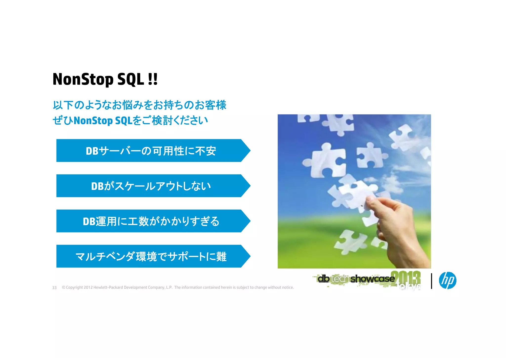 NonStop SQL !!
以下のようなお悩みをお持ちのお客様
ぜひNonStop SQLをご検討ください
DBサーバーの可用性に不安
DBがスケールアウトしない
DB運用に工数がかかりすぎる
マルチ ンダ環境でサポ トに難
マルチベンダ環境でサポートに難
33

© Copyright 2012 Hewlett-Packard Development Company, L.P. The information contained herein is subject to change without notice.

 
