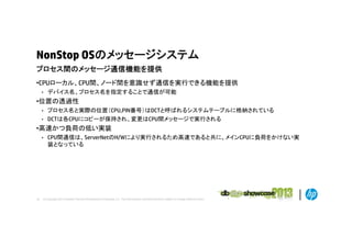 NonStop OSのメッセージシステム
プロセス間のメッセージ通信機能を提供
プロセス間のメッセ ジ通信機能を提供
•CPUローカル、CPU間、ノード間を意識せず通信を実行できる機能を提供
•

デバイス名、プロセス名を指定することで通信が可能

•位置の透過性
プロセス名と実際の位置（CPU,PIN番号）はDCTと呼ばれるシステムテーブルに格納されている
• DCTは各CPUにコピーが保持され、変更はCPU間メッセージで実行される
•

•高速かつ負荷の低い実装
•

18

CPU間通信は、ServerNetのH/Wにより実行されるため高速であると共に、メインCPUに負荷をかけない実
装となっている

© Copyright 2012 Hewlett-Packard Development Company, L.P. The information contained herein is subject to change without notice.

 