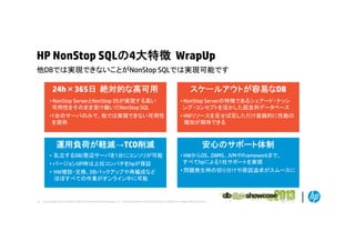 HP NonStop SQLの4大特徴 WrapUp
他DBでは実現できないことがNonStop
他DBでは実現できないことがN St SQLでは実現可能です

24h×365日 絶対的な高可用

スケールアウトが容易なDB

• NonStop ServerとNonStop OSが実現する高い
可用性をそのまま受け継いだNonStop SQL

• NonStop Serverの特徴であるシェアード・ナッシ
ング・コンセプトを活かした超並列データベース

•1台のサーバのみで、他では実現できない可用性
を提供

• HWリソースを足せば足しただけ直線的に性能の
増加が期待できる

運用負荷が軽減→TCO削減

安心のサポート体制

• 乱立するDB/周辺サ バを1台に ンソリが可能
乱立するDB/周辺サーバを1台にコンソリが可能
• バージョンUP時は上位コンパチをhpが保証
• HW増設・交換、DBバックアップや再編成など
ほぼすべての作業がオンライン中に可能

32

• HWからOS DBMS JVMやF
HWからOS、DBMS、JVMやFrameworkまで、
kまで
すべてhpによる1社サポートを実現
• 問題発生時の切り分けや原因追求がスムースに

© Copyright 2012 Hewlett-Packard Development Company, L.P. The information contained herein is subject to change without notice.

 