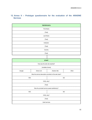 ARIADNE	D13.3			
	
	
32	
12. Annex II – Prototype questionnaire for the evaluation of the ARIADNE
Services
	
TESTER DATA
First Name
[Text]
Last Name
[Text]
Institution
[Text]
Country
[Text]
START
How was the web site reached?
[multiplle choice]
Google Direct Link Ariadne Site Other
Was the service description provided on the web clear?
YES NO
If NO, why?
[Text]
Was the provided service speed satisfactory?
YES NO
If NO, why?
[Text]
Used services
 