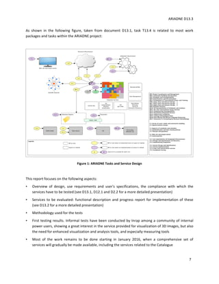 ARIADNE	D13.3			
	
	
7	
As	 shown	 in	 the	 following	 figure,	 taken	 from	 document	 D13.1,	 task	 T13.4	 is	 related	 to	 most	 work	
packages	and	tasks	within	the	ARIADNE	project:		
	
	
Figure	1:	ARIADNE	Tasks	and	Service	Design	
	
This	report	focuses	on	the	following	aspects:	
• Overview	 of	 design,	 use	 requirements	 and	 user's	 specifications,	 the	 compliance	 with	 which	 the	
services	have	to	be	tested	(see	D13.1,	D12.1	and	D2.2	for	a	more	detailed	presentation)	
• Services	to	be	evaluated:	functional	description	and	progress	report	for	implementation	of	these	
(see	D13.2	for	a	more	detailed	presentation)	
• Methodology	used	for	the	tests	
• First	testing	results.	Informal	tests	have	been	conducted	by	Inrap	among	a	community	of	internal	
power	users,	showing	a	great	interest	in	the	service	provided	for	visualization	of	3D	images,	but	also	
the	need	for	enhanced	visualization	and	analysis	tools,	and	especially	measuring	tools	
• Most	 of	 the	 work	 remains	 to	 be	 done	 starting	 in	 January	 2016,	 when	 a	 comprehensive	 set	 of	
services	will	gradually	be	made	available,	including	the	services	related	to	the	Catalogue		
 