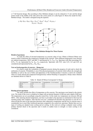 Performance Of Steel Fiber Reinforced Concrete Under Elevated Temperature
DOI: 10.9790/1684-1303021317 www.iosrjournals.org 15 | Page
a 33
full factorial design. But according to Box–Behnken designs it can be reduced to 13 sets and the design
points reside in the middle of the sides and at the corner points of a cube.Figure II. Shows the model for Box–
Behnken design. The model is designed using the equation:
Figure. I Box Behnken Design For Three Factors
Details of specimens
To study the effect of elevated temperature on concrete cubes of size 150mm x150mmx150mm were
tested in order to determine the compressive strength of the concrete. Three different temperatures were choosen
are ambient temperature, 200°C and 400 °C and denoted by T0, T200, T400. Specimen with fiber percentage 0%,
0.5%, 1% are represented by S0, S0.5, S1.0 respectively. Specimen with W/C ratio 0.35, 0.4 and 0.45 are
considered and represented by R0.35 , R0.4, R0.45.
Test on fresh properties of concrete – Slump test
It is used to study the workability of prepared concrete during the progress of work and to check the
uniformity of concrete. Workability is one of the physical parameters of concrete which affects the strength and
durability as well as the cost of labor and appearance of the finished product. Concrete is said to be workable
when it is easily placed and compacted homogeneously without bleeding or segregation. Slump values obtained
are tabulated shown in Table II.
Table II. Details Of Mixes Corresponds To Slump
Heating of test specimens
The study includes the effect of temperature on the concrete. The specimens were heated in the electric
oven. The inside of the oven is cylindrical in shape with an internal diameter of 400 mm and a depth of 600 mm.
The temperatures are set accordingly using the control box. In this study two temperature are choosen 200 and
400°C. After attaining desired temperature, one hour is provided to the specimen to maintained in that level for
reaching steady state condition. After that the oven was swithched off and allow the specimen to cool off. It is
observed that the mass of the specimen decreases after subjected to temperature and the loss in concrete mass is
considerably less in steel fiber reinforced specimen compared to the control mix specimen. Mainly there are two
types of cooling are adopted water cooling and air cooling. In this work air cooling is adopted ,water cooling
produce thermal shock to the specimen and it results in sudden loose in strength. so water cooling is not
considered.
Mix designation Water/cement ratio Superplastizer (% of cement ) Slump obtained (mm)
R0.35 0.35 0.5 66
R0.4 0.4 0.5 80
R0.45 0.45 0.5 95
y =ß0+ ß1x1+ ß2x2+ ß3x3 + ß11x1
2
+ ß22x2
2
+ ß33x3
2
+ ß12x1x2 +
ß13x1x3 + ß23x2x3
 