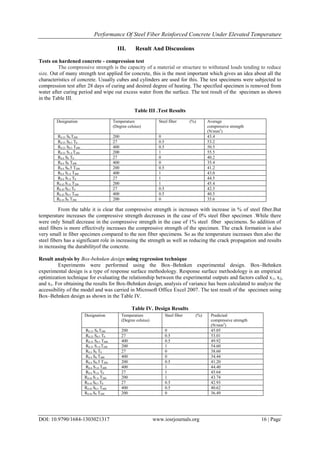 Performance Of Steel Fiber Reinforced Concrete Under Elevated Temperature
DOI: 10.9790/1684-1303021317 www.iosrjournals.org 16 | Page
III. Result And Discussions
Tests on hardened concrete - compression test
The compressive strength is the capacity of a material or structure to withstand loads tending to reduce
size. Out of many strength test applied for concrete, this is the most important which gives an idea about all the
characteristics of concrete. Usually cubes and cylinders are used for this. The test specimens were subjected to
compression test after 28 days of curing and desired degree of heating. The specified specimen is removed from
water after curing period and wipe out excess water from the surface. The test result of the specimen as shown
in the Table III.
Table III .Test Results
From the table it is clear that compressive strength is increases with increase in % of steel fiber.But
temperature increases the compressive strength decreases in the case of 0% steel fiber specimen .While there
were only Small decrease in the compressive strength in the case of 1% steel fiber specimens. So addition of
steel fibers is more effectively increases the compressive strength of the specimen. The crack formation is also
very small in fiber specimen compared to the non fiber specimens. So as the temperature increases then also the
steel fibers has a significant role in increasing the strength as well as reducing the crack propagation and results
in increasing the durabilityof the concrete.
Result analysis by Box-behnken design using regression technique
Experiments were performed using the Box–Behnken experimental design. Box–Behnken
experimental design is a type of response surface methodology. Response surface methodology is an empirical
optimization technique for evaluating the relationship between the experimental outputs and factors called x1, x2,
and x3. For obtaining the results for Box-Behnken design, analysis of variance has been calculated to analyze the
accessibility of the model and was carried in Microsoft Office Excel 2007. The test result of the specimen using
Box–Behnken design as shown in the Table IV.
Table IV. Design Results
Designation Temperature
(Degree celsius)
Steel fiber (%) Average
compressive strength
(N/mm2
)
R0.35 S0 T200 200 0 43.4
R0.35 S0.5 T0 27 0.5 53.2
R0.35 S0.5 T400 400 0.5 50.5
R0.35 S1.0 T200 200 1 55.5
R0.4 S0 T0 27 0 40.2
R0.4 S0 T400 400 0 35.4
R0.4 S0.5 T200 200 0.5 41.2
R0.4 S1.0 T400 400 1 43.0
R0.4 S1.0 T0 27 1 44.5
R0.45 S1.0 T200 200 1 45.4
R0.45 S0.5 T0 27 0.5 42.3
R0.45 S0.5 T400 400 0.5 40.5
R0.45 S0 T200 200 0 35.6
Designation Temperature
(Degree celsius)
Steel fiber (%) Predicted
compressive strength
(N/mm2
)
R0.35 S0 T200 200 0 45.05
R0.35 S0.5 T0 27 0.5 53.01
R0.35 S0.5 T400 400 0.5 49.92
R0.35 S1.0 T200 200 1 54.60
R0.4 S0 T0 27 0 38.60
R0.4 S0 T400 400 0 34.44
R0.4 S0.5 T200 200 0.5 41.20
R0.4 S1.0 T400 400 1 44.40
R0.4 S1.0 T0 27 1 45.64
R0.45 S1.0 T200 200 1 43.74
R0.45 S0.5 T0 27 0.5 42.93
R0.45 S0.5 T400 400 0.5 40.62
R0.45 S0 T200 200 0 36.49
 