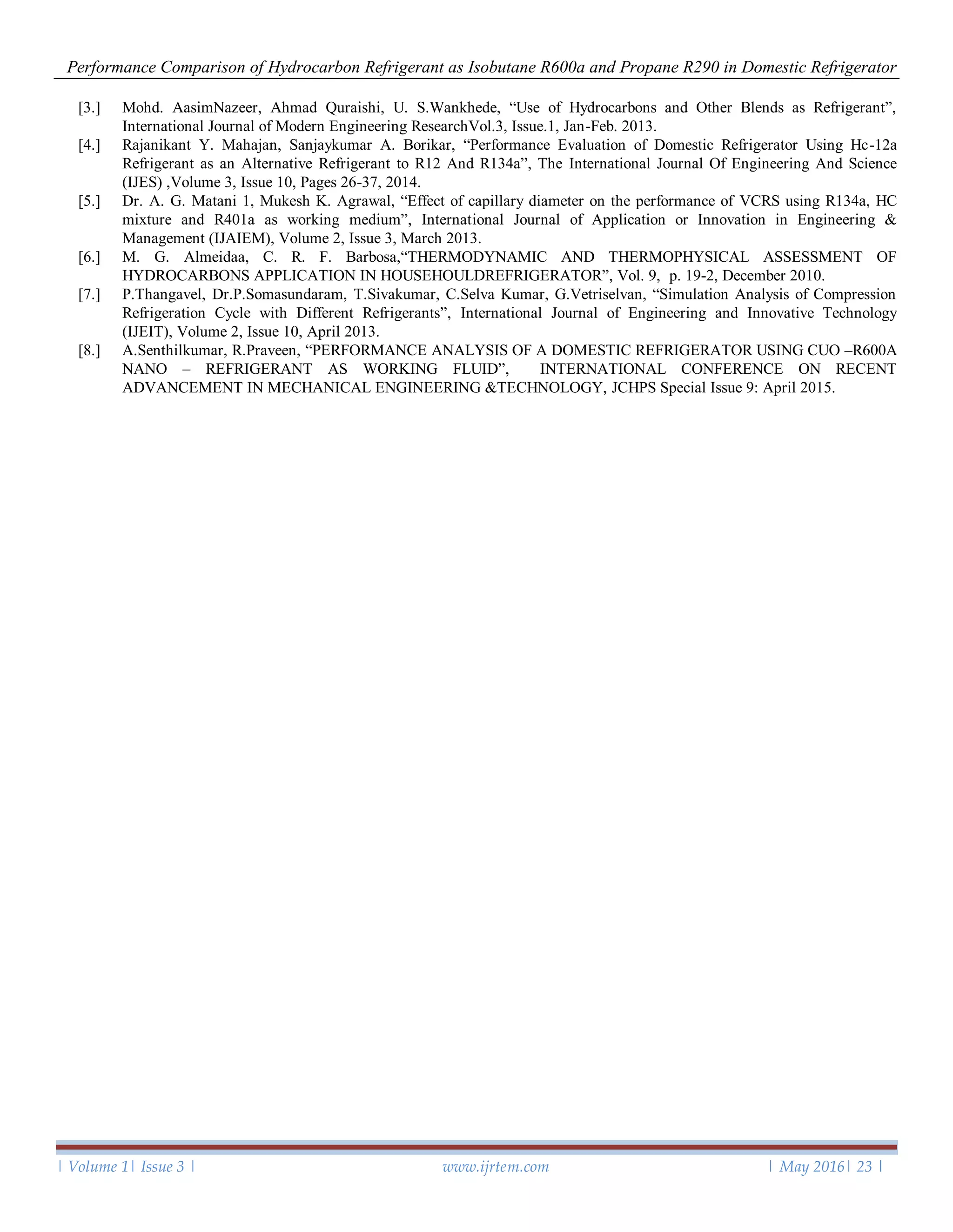 Performance Comparison of Hydrocarbon Refrigerant as Isobutane R600a ...