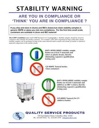 ARE YOU IN COMPLIANCE OR
‘THINK’ YOU ARE IN COMPLIANCE ?
The GMP’s Guidelines state in Q7 GMP Section E (11.5) paragraph 3: Stability samples should be stored in
containers that simulate the market container. For example, if the API is marketed in bags within fiber drums,
stability samples can be packaged in bags of the same material and in small-scale drums of similar or identical
material composition to the market drums.
STABILITY WARNING
QUALITY SERVICE PRODUCTS
528 East Hudson Street, Columbus, Ohio 43202
Ph: 614.447.9522 Fx: 614.263.1478 ssbqsp@yahoo.com
QSP’s HMW-HDPE stability sample
bottles use EXACT materials and
colors as plastic drums, thereby
eliminating expensive qualification
testing costs
GP-HDPE Natural bottles
Glass containers
QSP’s HMW-HDPE stability sample
bottles use EXACT materials and
additives as IBC’s (totes), thereby
eliminating expensive qualification
testing costs
GP-HDPE Natural (No UV
additive) bottles
If you ship and store in drums and IBC’s (totes) but retain stability samples in
generic HDPE or glass you risk non-compliance. For the first time small-scale
containers are available in drum and IBC material! 
 