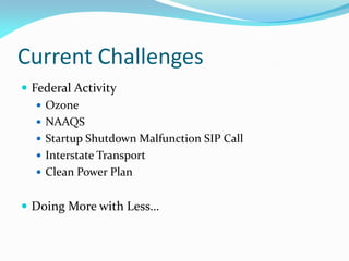 Current Challenges
 Federal Activity
 Ozone
 NAAQS
 Startup Shutdown Malfunction SIP Call
 Interstate Transport
 Clean Power Plan
 Doing More with Less…
 