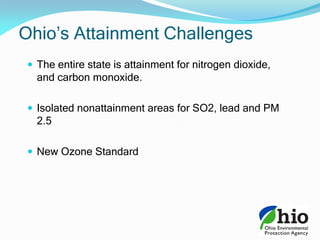 Ohio’s Attainment Challenges
 The entire state is attainment for nitrogen dioxide,
and carbon monoxide.
 Isolated nonattainment areas for SO2, lead and PM
2.5
 New Ozone Standard
 