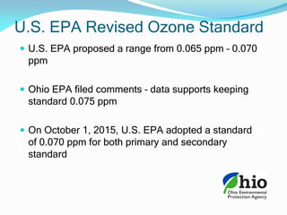  U.S. EPA proposed a range from 0.065 ppm – 0.070
ppm
 Ohio EPA filed comments – data supports keeping
standard 0.075 ppm
 On October 1, 2015, U.S. EPA adopted a standard
of 0.070 ppm for both primary and secondary
standard
U.S. EPA Revised Ozone Standard
 