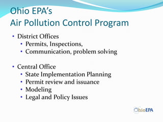 Ohio EPA’s
Air Pollution Control Program
• District Offices
• Permits, Inspections,
• Communication, problem solving
• Central Office
• State Implementation Planning
• Permit review and issuance
• Modeling
• Legal and Policy Issues
 
