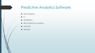 Predictive Analytics Software
 SAS Analytics
 R
 STATISTICA
 IBM Predictive Analytics
 MATLAB
 Minitab
 