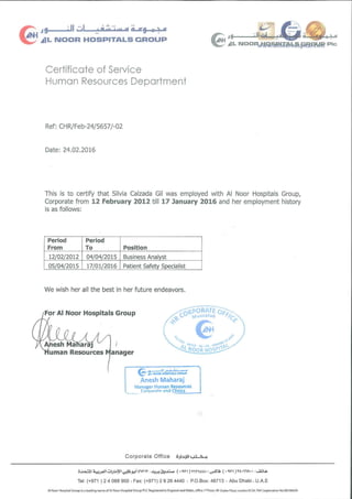 Silvia Calzada Employment Certificate