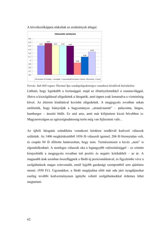 62
A következőképpen alakultak az eredmények átlagai:
Forrás: Salt Hill rogner Thermal Spa vendégelégedettségre vonatkozó kérdőívek kiértékelése
Látható, hogy leginkább a tisztasággal, majd az élményelemekkel a szaunavilággal,
illetve a kiszolgálással elégedettek a látogatók, amit éppen csak lemaradva a vízminőség
követ. Az étterem kínálatával kevésbé elégedettek. A megjegyzés rovatban sokan
említették, hogy hiányolják a hagyományos „strand-menüt” – palacsinta, lángos,
hamburger – árusító büfét. Ez utal arra, amit már kifejtettem kicsit bővebben is:
Magyarországon az egészségtudatosság terén még van fejleszteni való...
Az újbóli látogatás szándékára vonatkozó kérdésre rendkívül kedvező válaszok
születtek. Az 1406 megkérdezettből 1056 fő válaszolt igennel, 206 fő bizonytalan volt,
és csupán 84 fő állította határozottan, hogy nem. Természetesen a kevés „nem” is
elgondolkodtató. A nemleges válaszok oka a legnagyobb valószínűséggel – ez szintén
kirajzolódik a megjegyzés rovatban tett pozitív és negatív kritikákból – az ár. A
magasabb árak azonban összefüggnek a fürdő új pozícionálásával, és figyelembe véve a
szolgáltatások magas színvonalát, ennél lejjebb gazdasági szempontból sem ajánlatos
menni. (950 Ft/). Ugyanakkor, a fürdő megújulása előtt már oda járó nyugdíjasokat
esetleg további kedvezményesen igénybe vehető szolgáltatásokkal érdemes lehet
megtartani.
Válaszadók osztályzata
4,41
4,47
4,41 4,41 4,40
3,93
4,09
4,23
3,6
3,7
3,8
3,9
4
4,1
4,2
4,3
4,4
4,5
4,6
Élményelem Tisztaság Kiszolgálás Szaunavilág Vízminőség Étterem Kozmetika Fitness
 