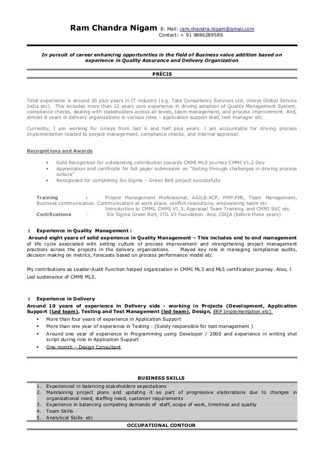 resume of ram nigam quality mgmt