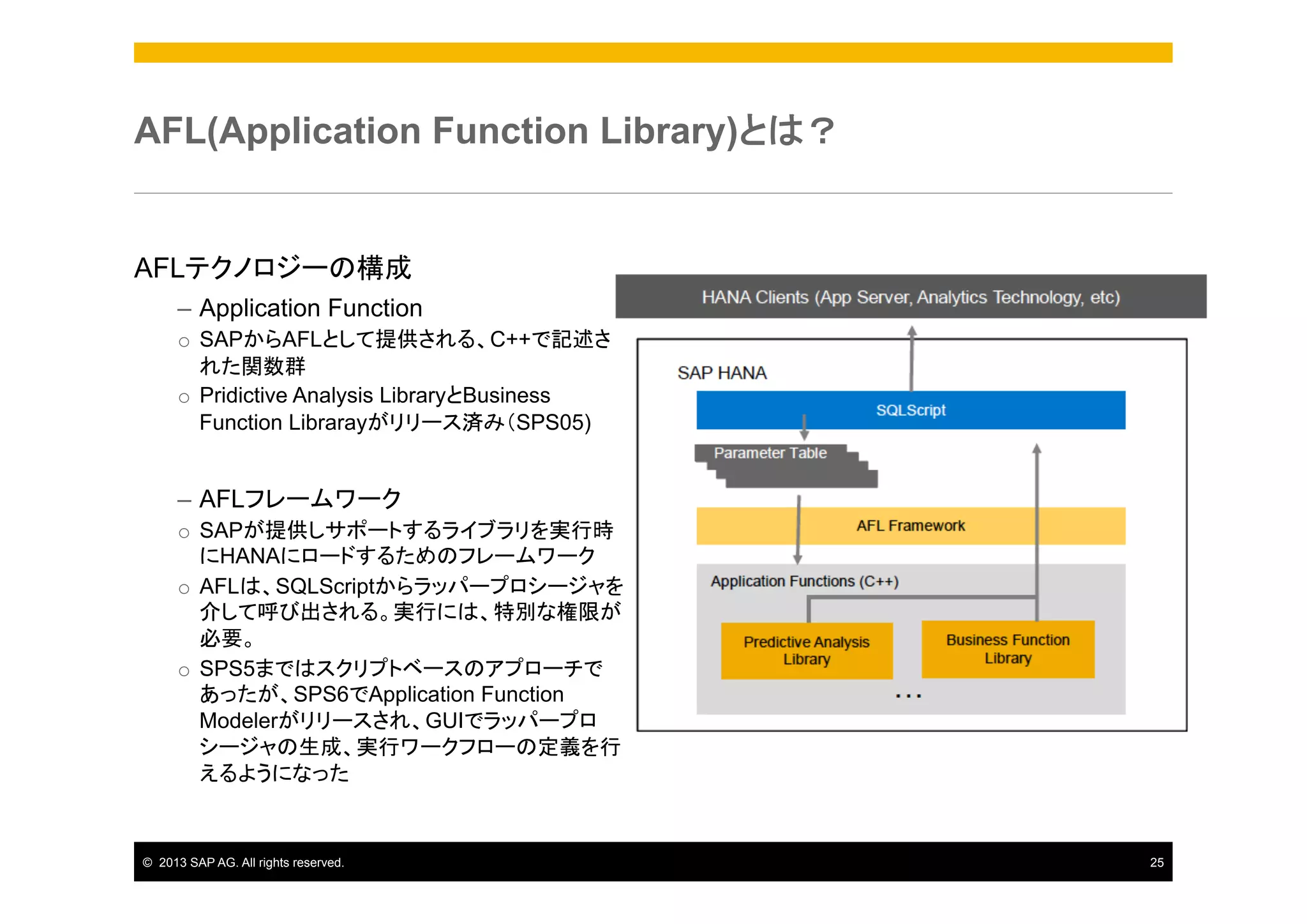 AFL(Application Function Library)とは？

AFLテクノロジーの構成
–  Application Function
o  SAPからAFLとして提供される、C++で記述さ
れた関数群
o  Pridictive Analysis LibraryとBusiness
Function Librarayがリリース済み（SPS05)

–  AFLフレームワーク
o  SAPが提供しサポートするライブラリを実行時
にHANAにロードするためのフレームワーク
o  AFLは、SQLScriptからラッパープロシージャを
介して呼び出される。実行には、特別な権限が
必要。
o  SPS5まではスクリプトベースのアプローチで
あったが、SPS6でApplication Function
Modelerがリリースされ、GUIでラッパープロ
シージャの生成、実行ワークフローの定義を行
えるようになった

©  2013 SAP AG. All rights reserved.

25

 