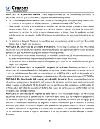 10
ARTÍCULO 20. Exportador habitual. Tiene responsabilidad en las infracciones aduaneras el
exportador habitual, que incurriere en cualquiera de los hechos siguientes:
a. 	No conserve copias de las declaraciones de mercancías al régimen de exportación y su respectivo
documento de transporte, por el plazo de prescripción que establece el RECAUCA;
b. 	El exportador habitual y el encargado de las instalaciones habilitadas que, en caso de no requerirse
reconocimiento físico, no comunique a la Aduana correspondiente, mediante la transmisión
electrónica, la cantidad de bultos o mercancías cargadas, la fecha y hora de salida del vehículo
y de la unidad de transporte y la identificación de los dispositivos de seguridad colocados, en su
caso;
c. 	 No informe al Servicio Aduanero los cambios que se produzcan en los incentivos y beneficios
fiscales que le hayan sido otorgados.
ARTÍCULO 21. Empresas de Despacho Domiciliario. Tiene responsabilidad en las infracciones
aduaneras el auxiliar de la función pública aduanera autorizado para operar como empresa de despacho
domiciliario, que incurriere en cualquiera de los hechos siguientes:
a. 	No mantenga en los sistemas informáticos un inventario permanente de mercancías recibidas de
acuerdo con el formato y requerimientos que establezca el Servicio Aduanero;
b. 	No informe al Servicio Aduanero los cambios que se produzcan en los beneficios fiscales que le
hayan sido otorgados.
ARTÍCULO 22. Beneficiario de importación temporal de vehículos. Tiene responsabilidad en las
infracciones aduaneras el beneficiario de importación temporal de vehículos para turismo que reexporte
o importe definitivamente fuera del plazo establecido en el RECAUCA el vehículo ingresado en la
categoría de turismo, o que no cumpla con cualquiera de las obligaciones que le impone el RECAUCA.
ARTÍCULO 23. Beneficiario del régimen de admisión temporal. Tiene responsabilidad en las
infracciones aduaneras el beneficiario del régimen de admisión temporal para perfeccionamiento
activo regulado en el artículo 98 del CAUCA, que no cumpla con las obligaciones establecidas en
el RECAUCA, salvo las de naturaleza tributaria, las cuales se sancionarán de conformidad con los
procedimientos correspondientes.
ARTÍCULO 24. Beneficiario del régimen de zona franca. Tiene responsabilidad por las infracciones
aduaneras en que incurre el beneficiario del régimen de zona franca que no cumpla con proporcionar
los informes a que está obligado conforme la legislación aduanera, no cuente con el equipo para
efectuar la transmisión electrónica de registros y demás información que le requiera el Servicio
Aduanero y no permita ni facilite las inspecciones y verificaciones que efectúe dicho Servicio o no lleve
en medios informáticos el registro de sus operaciones aduaneras, así como el control de inventarios
de las mercancías sujetas al régimen, de acuerdo a los requerimientos establecidos por el Servicio
Aduanero.
 