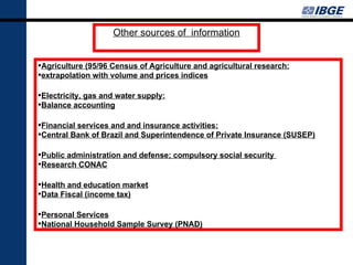 Other sources of information


•Agriculture (95/96 Census of Agriculture and agricultural research:
•extrapolation with volume and prices indices

•Electricity, gas and water supply:
•Balance accounting

•Financial services and and insurance activities:
•Central Bank of Brazil and Superintendence of Private Insurance (SUSEP)

•Public administration and defense; compulsory social security
•Research CONAC

•Health and education market
•Data Fiscal (income tax)

•Personal Services
•National Household Sample Survey (PNAD)
 