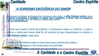 1
Ainda que eu falasse as línguas dos homens e dos anjos, e não tivesse amor, seria
como o metal que soa ou como o címbalo que retine.
A SUPREMA EXCELÊNCIA DO AMOR
I Coríntios c 13 v 1 - 13
2
E ainda que tivesse o dom de profecia, e conhecesse todos os mistérios e toda a
ciência, e ainda que tivesse toda fé, de maneira tal que transportasse os montes, e
não tivesse amor, nada seria.
3
E ainda que distribuísse todos os meus bens para sustento dos pobres,
e ainda que entregasse o meu corpo para ser queimado,
e não tivesse amor, nada disso me aproveitaria.
26
4
O amor é sofredor, é benigno; o amor não é invejoso; o amor não se vangloria,
não se ensoberbece,
 