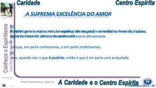 8
O amor jamais acaba; mas havendo profecias, serão aniquiladas; havendo línguas,
cessarão; havendo ciência, desaparecerá;
9
porque, em parte conhecemos, e em parte profetizamos;
10
mas, quando vier o que é perfeito, então o que é em parte será aniquilado.
I Coríntios c 13 v 1 - 1328
12
Porque agora vemos como por espelho, em enigma, mas então veremos face a face;
agora conheço em parte, mas então conhecerei plenamente.
A SUPREMA EXCELÊNCIA DO AMOR
 