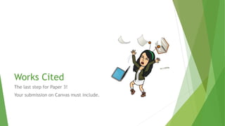 Works Cited
The last step for Paper 3!
Your submission on Canvas must include.
 