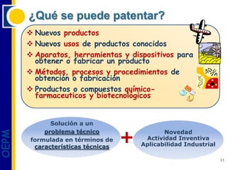 ¿Qué se puede patentar?
        Nuevos productos
        Nuevos usos de productos conocidos
        Aparatos, herramientas y dispositivos para
         obtener o fabricar un producto
        Métodos, procesos y procedimientos de
         obtención o fabricación
        Productos o compuestos químico-
         farmaceuticos y biotecnológicos


              Solución a un


                                    +
            problema técnico                   Novedad
OEPM




        formulada en términos de         Actividad Inventiva
         características técnicas       Aplicabilidad Industrial

                                                                   11
 