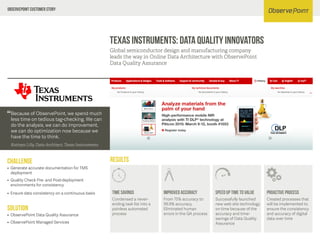 Texas Instruments: Data quality Innovators
Global semiconductor design and manufacturing company
leads the way in Online Data Architecture with ObservePoint
Data Quality Assurance
Because of ObservePoint, we spend much
less time on tedious tag-checking. We can
do the analysis, we can do improvement,
we can do optimization now because we
have the time to think.
Katinya Lilly, Data Architect, Texas Instruments
“
Results
Solution
Challenge
• ObservePoint Data Quality Assurance
• ObservePoint Managed Services
• Generate accurate documentation for TMS
deployment
• Quality Check Pre- and Post-deployment
environments for consistency
• Ensure data consistency on a continuous basis Time Savings
Condensed a never-
ending task list into a
painless automated
process
From 75% accuracy to
99.9% accuracy.
Eliminated human
errors in the QA process
Successfully launched
new web site technology
on time because of the
accuracy and time-
savings of Data Quality
Assurance
Created processes that
will be implemented to
ensure the consistency
and accuracy of digital
data over time
Improved Accuracy Speed up Time to Value Proactive Process
ObservePoint Customer Story
 