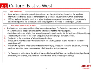 Culture: East vs West
 For Westerns to understand Asia, they have to know about Confusianism, taosim and budhism
In easte...