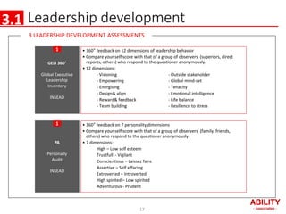 Leadership development
3 LEADERSHIP DEVELOPMENT ASSESSMENTS
• 360° feedback on 12 dimensions of leadership behavior
• Comp...