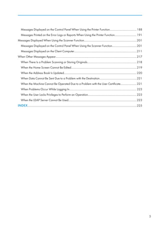 Messages Displayed on the Control Panel When Using the Printer Function......................................188
Messages Printed on the Error Logs or Reports When Using the Printer Function............................... 191
Messages Displayed When Using the Scanner Function...........................................................................201
Messages Displayed on the Control Panel When Using the Scanner Function...................................201
Messages Displayed on the Client Computer.........................................................................................211
When Other Messages Appear...................................................................................................................217
When There Is a Problem Scanning or Storing Originals......................................................................218
When the Home Screen Cannot Be Edited.............................................................................................219
When the Address Book Is Updated....................................................................................................... 220
When Data Cannot Be Sent Due to a Problem with the Destination.....................................................221
When the Machine Cannot Be Operated Due to a Problem with the User Certificate.......................221
When Problems Occur While Logging In............................................................................................... 223
When the User Lacks Privileges to Perform an Operation..................................................................... 223
When the LDAP Server Cannot Be Used.................................................................................................223
INDEX...........................................................................................................................................................225
5
 