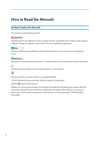 How to Read the Manuals
Symbols Used in the Manuals
This manual uses the following symbols:
Indicates points to pay attention to when using the machine, and explanations of likely causes of paper
misfeeds, damage to originals, or loss of data. Be sure to read these explanations.
Indicates supplementary explanations of the machine's functions, and instructions on resolving user
errors.
This symbol is located at the end of sections. It indicates where you can find further relevant information.
[ ]
Indicates the names of keys on the machine's display or control panels.
Indicates instructions stored in a file on a provided CD-ROM.
(mainly Europe and Asia), (mainly Europe) or (mainly Asia)
(mainly North America)
Differences in the functions of Region A and Region B models are indicated by two symbols. Read the
information indicated by the symbol that corresponds to the region of the model you are using. For
details about which symbol corresponds to the model you are using, see page 7 Model-Specific
Information.
6
 