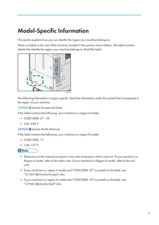 Model-Specific Information
This section explains how you can identify the region your machine belongs to.
There is a label on the rear of the machine, located in the position shown below. The label contains
details that identify the region your machine belongs to. Read the label.
CUV010
The following information is region-specific. Read the information under the symbol that corresponds to
the region of your machine.
(mainly Europe and Asia)
If the label contains the following, your machine is a region A model:
• CODE XXXX -27, -29
• 220–240 V
(mainly North America)
If the label contains the following, your machine is a region B model:
• CODE XXXX -17
• 120–127 V
• Dimensions in this manual are given in two units of measure: metric and inch. If your machine is a
Region A model, refer to the metric units. If your machine is a Region B model, refer to the inch
units.
• If your machine is a region A model and CODE XXXX -27 is printed on the label, see
 (mainly Europe) also.
• If your machine is a region A model and CODE XXXX -29 is printed on the label, see
 (mainly Asia) also.
7
 