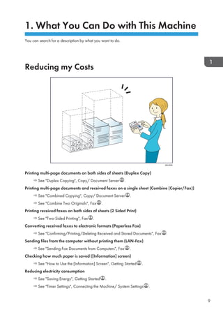 1. What You Can Do with This Machine
You can search for a description by what you want to do.
Reducing my Costs
BRL059S
Printing multi-page documents on both sides of sheets (Duplex Copy)
See Duplex Copying, Copy/ Document Server .
Printing multi-page documents and received faxes on a single sheet (Combine (Copier/Fax))
See Combined Copying, Copy/ Document Server .
See Combine Two Originals, Fax .
Printing received faxes on both sides of sheets (2 Sided Print)
See Two-Sided Printing, Fax .
Converting received faxes to electronic formats (Paperless Fax)
See Confirming/Printing/Deleting Received and Stored Documents, Fax .
Sending files from the computer without printing them (LAN-Fax)
See Sending Fax Documents from Computers, Fax .
Checking how much paper is saved ([Information] screen)
See How to Use the [Information] Screen, Getting Started .
Reducing electricity consumption
See Saving Energy, Getting Started .
See Timer Settings, Connecting the Machine/ System Settings .
9
 