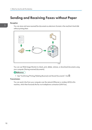 Sending and Receiving Faxes without Paper
Reception
You can store and save received fax documents as electronic formats in the machine's hard disk
without printing them.
CJQ604
You can use Web Image Monitor to check, print, delete, retrieve, or download documents using
your computer (Storing received documents).
• See Confirming/Printing/Deleting Received and Stored Documents, Fax .
Transmission
You can send a fax from your computer over the network (Ethernet or wireless LAN) to this
machine, which then forwards the fax via its telephone connection (LAN-Fax).
1. What You Can Do with This Machine
18
 