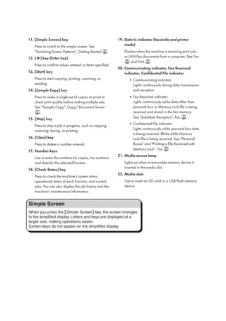 Simple Screen
When you press the {Simple Screen} key, the screen changes
to the simplified display. Letters and keys are displayed at a
larger size, making operations easier.
Certain keys do not appear on the simplified display.
[Simple Screen] key1111
Press to switch to the simple screen. See
"Switching Screen Patterns", Getting Started .
[ # ] key (Enter key)1111
Press to confirm values entered or items specified.
[Start] key1111
Press to start copying, printing, scanning, or
sending.
[Sample Copy] key1111
Press to make a single set of copies or prints to
check print quality before making multiple sets.
See "Sample Copy", Copy/ Document Server
.
[Stop] key1111
Press to stop a job in progress, such as copying,
scanning, faxing, or printing.
[Clear] key1111
Press to delete a number entered.
Number keys1111
Use to enter the numbers for copies, fax numbers
and data for the selected function.
[Check Status] key1111
Press to check the machine's system status,
operational status of each function, and current
jobs. You can also display the job history and the
machine's maintenance information.
Data In indicator (facsimile and printer1111
mode)
Flashes when the machine is receiving print jobs
or LAN-Fax documents from a computer. See Fax
and Print .
Communicating indicator, Fax Received2222
indicator, Confidential File indicator
Communicating indicator••
Lights continuously during data transmission
and reception.
Fax Received indicator••
Lights continuously while data other than
personal box or Memory Lock file is being
received and stored in the fax memory.
See "Substitute Reception", Fax .
Confidential File indicator••
Lights continuously while personal box data
is being received. Blinks while Memory
Lock file is being received. See "Personal
Boxes" and "Printing a File Received with
Memory Lock", Fax .
Media access lamp2222
Lights up when a removable memory device is
inserted in the media slot.
Media slots2222
Use to insert an SD card or a USB flash memory
device.
 