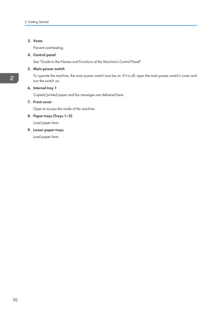 3. Vents
Prevent overheating.
4. Control panel
See Guide to the Names and Functions of the Machine's Control Panel.
5. Main power switch
To operate the machine, the main power switch must be on. If it is off, open the main power switch's cover and
turn the switch on.
6. Internal tray 1
Copied/printed paper and fax messages are delivered here.
7. Front cover
Open to access the inside of the machine.
8. Paper trays (Trays 1–2)
Load paper here.
9. Lower paper trays
Load paper here.
2. Getting Started
30
 