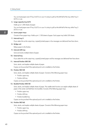 You can load paper even if Tray 3 (LCT) is in use. It is okay to pull out the left half of the tray while Tray 3
(LCT) is in use.
5. Large capacity tray (LCT)
Holds up to 1,500 sheets of paper.
You can load paper even if Tray 3 (LCT) is in use. It is okay to pull out the left half of the tray while Tray 3
(LCT) is in use.
6. Lower paper trays
Consists of two paper trays. Holds up to 1,100 sheets of paper. Each paper tray holds 550 sheets.
7. Internal tray 2
If you select this as the output tray, copied/printed paper or fax messages are delivered here face down.
8. Bridge unit
Relays paper to the finisher.
9. Internal shift tray
Sorts and stacks multiple sheets of paper.
10. External tray
If you select this as the output tray, copied/printed paper and fax messages are delivered here face down.
11. Internal Finisher SR3130
Sorts, stacks, and staples multiple sheets of paper.
Copies can be punched if the optional punch unit is installed on the finisher.
12. Finisher SR3140
Sorts, stacks, and staples multiple sheets of paper. Consists of the following paper trays:
• Finisher upper tray
• Finisher shift tray
Copies can be punched if the optional punch unit is installed on the finisher.
13. Booklet Finisher SR3150
Sorts, stacks, and staples multiple sheets of paper. The saddle stitch function can staple multiple sheets of
paper in the center and fold them into booklets. Consists of the following paper trays:
• Finisher upper tray
• Finisher shift tray
• Finisher booklet tray
Copies can be punched if the optional punch unit is installed on the finisher.
14. Finisher SR3160
Sorts, stacks, and staples multiple sheets of paper. Consists of the following paper trays:
• Finisher upper tray
• Finisher shift tray
Copies can be punched if the optional punch unit is installed on the finisher.
2. Getting Started
40
 