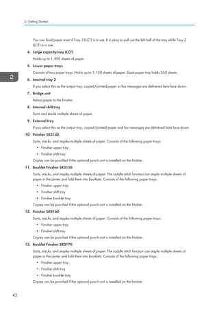 You can load paper even if Tray 3 (LCT) is in use. It is okay to pull out the left half of the tray while Tray 3
(LCT) is in use.
4. Large capacity tray (LCT)
Holds up to 1,500 sheets of paper.
5. Lower paper trays
Consists of two paper trays. Holds up to 1,100 sheets of paper. Each paper tray holds 550 sheets.
6. Internal tray 2
If you select this as the output tray, copied/printed paper or fax messages are delivered here face down.
7. Bridge unit
Relays paper to the finisher.
8. Internal shift tray
Sorts and stacks multiple sheets of paper.
9. External tray
If you select this as the output tray, copied/printed paper and fax messages are delivered here face down.
10. Finisher SR3140
Sorts, stacks, and staples multiple sheets of paper. Consists of the following paper trays:
• Finisher upper tray
• Finisher shift tray
Copies can be punched if the optional punch unit is installed on the finisher.
11. Booklet Finisher SR3150
Sorts, stacks, and staples multiple sheets of paper. The saddle stitch function can staple multiple sheets of
paper in the center and fold them into booklets. Consists of the following paper trays:
• Finisher upper tray
• Finisher shift tray
• Finisher booklet tray
Copies can be punched if the optional punch unit is installed on the finisher.
12. Finisher SR3160
Sorts, stacks, and staples multiple sheets of paper. Consists of the following paper trays:
• Finisher upper tray
• Finisher shift tray
Copies can be punched if the optional punch unit is installed on the finisher.
13. Booklet Finisher SR3170
Sorts, stacks, and staples multiple sheets of paper. The saddle stitch function can staple multiple sheets of
paper in the center and fold them into booklets. Consists of the following paper trays:
• Finisher upper tray
• Finisher shift tray
• Finisher booklet tray
Copies can be punched if the optional punch unit is installed on the finisher.
2. Getting Started
42
 