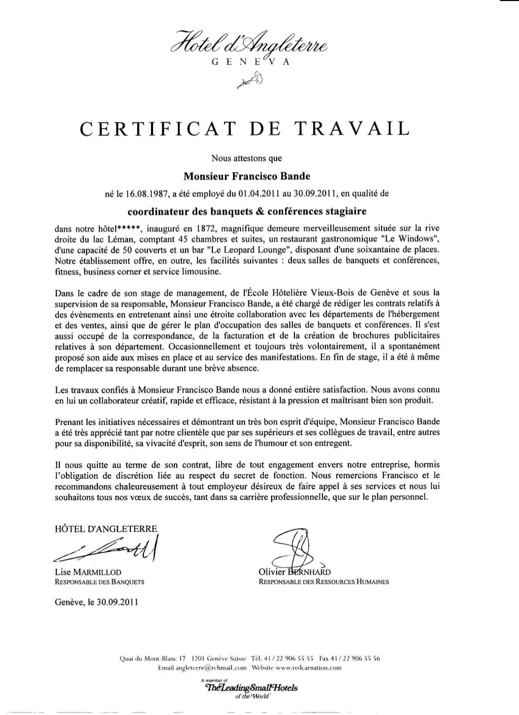 Certificat de travail  Hôtel d'Angleterre Genève  2011