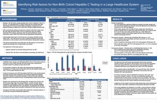 80006
Identifying Risk factors for Non-Birth Cohort Hepatitis C Testing in a Large Healthcare System
Whitney L. Nichols1, Alexander G. Geboy1, Stephen J. Fernandez1, Peter Basch1,2,3, Idene E. Perez1,Maria Hafeez1, Amanda Smart5, Ilan Fleisher1, Dawn A. Fishbein1,4
1MedStar Health Research Institute, 2MedStar Institute for Innovation, 3MedStar Quality and Safety Institute, 4MedStar Washington Hospital Center,
Georgetown School of Medicine5
80006
• The data from this small study demonstrates that the lack of testing
outside of the BC may result in the exclusion of an at-risk HCV population.
Those who tested HCV Ab+ were more likely to be younger and white,
consistent with other recent literature but a shift in the HCV epidemic.
• Of the patients without identified RFs, 11% were HCV Ab+ (33% of all Ab+
patients) and would not have been identified if the provider had only
followed CDC recommendations.
• Of African Americans without identifiable risk factors, 65% (n=9) were
tested due to patient request. This was not statistically significant as
compared with all other groups, possibly due to low numbers. This may
show that blacks have become more aware of the risks of HCV and may be
directly influenced by HCV health initiatives educating this group.
• Limitations to this project include the small sample size and the abstraction
of RFs, which were often contained as unstructured data within the EHR.
• This study highlights the limitations of an EHR in clinical decision making,
as not all RFs are recorded in structured, searchable fields. This, coupled
with the (a) non-reporting by patients of current and historical RFs and (b)
providers not asking, may make it difficult to accurately assess testing
eligibility. Further evaluation containing a larger sample size and opiate use
as an additional RF is underway.
RESULTSBACKGROUND
• Between 130-150 million people globally have chronic hepatitis C (HCV). In
the U.S., it is estimated that 3.2 million Americans are infected with HCV.
Eliminating HCV from the United States is feasible, as reported by the
National Academy of Medicine in April 2016, though multiple barriers exist.
• CDC recommends testing in people born outside of the birth cohort (non-
BC with high risk factors (RF), such as intravenous drug use (IVDU),
abnormal LFTS, tattoos, piercings, high risk sexual behaviors, blood
transfusion before 1987 & HIV (www.cdc.gov/hepatitis/hcv/guidelines).
• Unfortunately these type of risk factors are not always identified during
office visits. This may be due to a lack of patient transparency and time
restrictions on the provider to elicit this information, among other reasons.
• This study examined RFs associated with non-BC testing. A convenience
sample was selected from a large health care system.
• The objectives of this study were to:
• Explore rationale for provider testing within the non-BC
• Explore CDC risk factor recommendation practicality and adherence
METHODS
• A MedStar-wide, primary care EHR-based Birth Cohort HCV testing protocol
went live in July of 2015. Non-BC HCV test results were collected as a
possible marker for patients at high risk for HCV.
• A convenience sample of 100 charts was selected and retrospectively
reviewed at a 1:4 case-control of the total 3,275 non-BC patients tested from
July 1, 2015 though February 29, 2016.
• A total of 18 persons were HCV Ab positive (HCV Ab+) in the overall sample
and these persons were compared to 82 randomly selected Ab negative
(HCV Ab-) controls [“Convenience Sample”]. Data on RFs was manually
abstracted from the medical records, including patient history and provider
notes.
• Patients were assessed for the following RFs: elevated liver function test
(LFTs), drug usage, high risk sexual behavior, country of origin, blood
transfusion, incarceration, other STI’s, military service, spousal infidelity,
country of origin outside the US, renal disease, occupational risk and HIV.
Additional risk factors were recorded if observed for more than one person.
• Chi-square and Fisher exact models were utilized for univariate analysis. A
p<0.05 was considered statistically significant.
CONCLUSION
Whitney Nichols, MS
MHRI
100 Irving St NW, EB 4109
Washington, DC 20010
201-877-6501
Whitney.L.Nichols@medstar.net
Author Disclosures: Dawn A. Fishbein, MD has served on an Advisory Board for BMS, Gilead and
serves as a Medical Advisor for Hepatitis Foundation International; Alexander G. Geboy has served
on an Advisory Board for Gilead Sciences, LLC. Dr. Fishbein has grant funding from Gilead Sciences.
Table 1. Demographic Characteristics
Table 2. Convenience Sample Risk Factors by HCV Result
Figure 1. HCV Ab Testing Results by Age Distribution Outside of the Birth Cohort
1
8
14
16 16
5
12
3*
5*
2
1
2
3 3
5
3
1
15-20 20-25 25-30 30-35 35-40 40-45 45-50 50-55 70-75 75-80
NumberofPatients
Age
Negative
Positive
Overall Comparisons:
• The only statistically significant difference between the larger sample and
the convenience sample was between those with Medicaid versus Medicare
insurance in the HCV Ab negatives.
• Of the larger sample, 45% (n=1488) of those tested were black/African
American (b/AA); 45% (n=1483) were b/AA and HCV Ab(-) as compared with
61.1% (n=11) who were white and HCV Ab(+) (p = 0.04). Within the
convenience sample, more whites tested HCV Ab+ than all other Ab+
positive race groups (p=0.01).
Convenience Sample – Patients with identifiable Risk Factors (n = 47):
• 47% of patients had an identifiable risk factor and 25.5% (n=12) of these
were found to be HCV Ab+.
• Of the 12 positive in this group, 58.3% (n=7) were between 30-50 years old.
• 40% (n=19) were white, with 47% (n=9) testing HCV Ab+ ( p < 0.01) compared
to all other race groups.
Convenience Sample – Patients with no identifiable Risk Factors (n = 53):
• 53% of patients were tested without any identifiable risk factor
and 11.3 % (n=6) of these were found to be HCV Ab+.
• Of those positive in this group, 100% (n=6) were between 30-50 years.
• 51% (n=27) were black, with 67% (n=4) testing HCV Ab+ (NS).
*p<0.05 comparing white to non-white race in both the larger and the convenience sample
*None of the patients in either group were born between 1945 - 1965
Larger Sample Convenience Sample
HCV Ab Negatives HCV Ab Negatives HCV Ab Positives
Characteristic N (%) N (%) N (%)
Total 3275 (99.6) 82 (82.0) 18 (18.0)
Mean Age + SD 37.3 + 14.0 39 + 13.5 38 + 9.7
Sex
Female 1816 (55.5) 49 (59.8) 7 (38.9)
Male 1459 (44.5) 33 (40.2) 11 (61.1)
Race
Black 1483 (45.3) 38 (46.3) 5 (27.7)
White 1097 (33.5) 25 (30.5) 11 (61.1)*
Other 695 (21.1) 19 (23.2) 1 (5.6)
Primary Insurance
Public 1057 (32.3) 23 (28.0) 10 (55.6)
Medicare 271 (25.6) 11 (13.4) 4 (22.2)
Medicaid 786 (74.4) 12 (14.6) 6 (33.3)
Private 2088 (63.8) 57 (69.5) 8 (44.4)
Self Pay 126 (3.9) 2 (2.4) -
HCV Ab Negatives (N (%)) HCV Ab Positives (N (%))
Totals 82 (100) 18 (100)
No Identifiable RFs 47 (57.3) 6 (33.3)
Patient Requested 12 (14.6) 1 (5.5)
Identifiable RFs: 35 (42.7) 12 (66.7)
Elevated LFTs 9 (11.0) 3 (16.8)
High risk sexual behavior 4 (4.9) -
Drug use - 6 (33.3)
Spousal Infidelity 3 (3.7) 1 (5.5)
Country of origin 5 (6.1) -
STI 4 (4.9) 1 (5.5)
HIV 3 (3.7) -
More than one RF 7 (8.5) 1 (5.5)
 