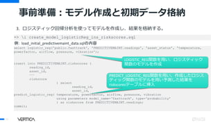 事前準備：モデル作成と初期データ格納
3. ロジスティック回帰分析を使ってモデルを作成し、結果を格納する。
23
=> i create_model_logisticReg_ins_riskscores.sql
select logistic_reg('public.fasttrack', 'PREDICTIVEMAINT.readings', 'asset_status', 'temperature,
powerfactor, airflow, pressure, vibration');
insert into PREDICTIVEMAINT.riskscores (
reading_id,
asset_id,
･･･
riskscore
) select
reading_id,
asset_id,
predict_logistic_reg( temperature, powerfactor, airflow, pressure, vibration
using parameters model_name=‘fasttrack’, type='probability'
) as riskscore from PREDICTIVEMAINT.readings;
commit;
例： load_initial_predictivemaint_data.sqlの内容
LOGISTIC_REG関数を用い、ロジスティック
関数のモデルを作成
PREDICT_LOGISTIC_REG関数を用い、作成したロジス
ティック関数のモデルを用い予測した結果を
riskscoresテーブルに挿入
 