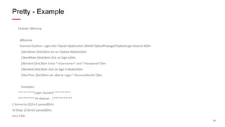 36
Feature: Mercury
@Runme
Scenario Outline: Login into Flipkart Application [90m# FlipkartPackage/FlipkartLogin.feature:4[0m
[36mGiven [0m[36mI am on Flipkart Website[0m
[36mWhen [0m[36mI click on Sign in[0m
[36mAnd [0m[36mI Enter "<Username>" and "<Password>"[0m
[36mAnd [0m[36mI click on Sign in Button[0m
[36mThen [0m[36mI am able to Login "<SuccessResult>"[0m
Examples:
**********Login Success***********
********** Hi sbansal... ! ***********
2 Scenarios ([32m2 passed[0m)
10 Steps ([32m10 passed[0m)
1m3.710s
Pretty - Example
 