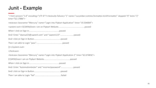 42
"<?xml version="1.0" encoding="UTF-8"?><testsuite failures="1" name="cucumber.runtime.formatter.JUnitFormatter" skipped="0" tests="2"
time="62.17886">
<testcase classname="Mercury" name="Login into Flipkart Application" time="19.504004">
<system-out><![CDATA[Given I am on Flipkart Website..............................................passed
When I click on Sign in.....................................................passed
And I Enter "sbansal23@sapient.com" and "sapient123"........................passed
And I click on Sign in Button...............................................passed
Then I am able to Login "pass"..............................................passed
]]></system-out>
</testcase>
<testcase classname="Mercury" name="Login into Flipkart Application 2" time="42.674856">
[CDATA[Given I am on Flipkart Website..............................................passed
When I click on Sign in.....................................................passed
And I Enter "Automationtester" and "incorrectpassword"......................passed
And I click on Sign in Button...............................................passed
Then I am able to Login "fail"..............................................failed
Junit - Example
 