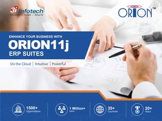 1500+
Organizations
On the Cloud Intuitive Powerful
ORION11j
ENHANCE YOUR BUSINESS WITH
ERP SUITES
1 Million+
Users
35+
Countries
20+
Years
 