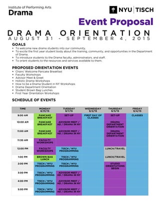  
Page ! of !1 9
Event Proposal
D R A M A O R I E N T A T I O N
A U G U S T 3 1 - S E P T E M B E R 4 , 2 0 1 5
GOALS
• To welcome new drama students into our community.
• To excite the ﬁrst year student body about the training, community, and opportunities in the Department
of Drama.
• To introduce students to the Drama faculty, administrators, and staff.
• To orient students to the resources and services available to them.
"
PROPOSED ORIENTATION EVENTS
• Chairs’ Welcome Pancake Breakfast
• Faculty Workshops
• Advisor Meet & Greet
• Holistic Drama Workshops
• How to be a Drama Student in NY Workshops
• Drama Department Orientation
• Student Brown Bag Lunches
• First Year Orientation Workshops
"SCHEDULE OF EVENTS
"
" TIME MONDAY
8/31/15
TUESDAY
9/1/15
WEDNESDAY
9/2/15
THURSDAY
9/3/15
FRIDAY
9/4/15
9:00 AM PANCAKE
BREAKFAST
SET-UP FIRST DAY OF
CLASSES
SET-UP CLASSES
10:00 AM PANCAKE
BREAKFAST
ADVISOR MEET /
HD / DRAMA IN NY
DRAMA
DEPARTMENT
ORIENTATION
11:00 AM PANCAKE
BREAKFAST
ADVISOR MEET /
HD / DRAMA IN NY
DRAMA
DEPARTMENT
ORIENTATION
11:30 AM FACULTY
WORKSHOPS
12:00 PM FACULTY
WORKSHOPS
TISCH / NYU
PROGRAMMING
LUNCH/TRAVEL
1:00 PM BROWN BAG
LUNCH
TISCH / NYU
PROGRAMMING
LUNCH/TRAVEL
2:00 PM TISCH / NYU
PROGRAMMING
TISCH / NYU
PROGRAMMING
STUDIO
ORIENTATIONS
BEGIN
3:00 PM TISCH / NYU
PROGRAMMING
ADVISOR MEET /
HD / DRAMA IN NY
4:00 PM TISCH / NYU
PROGRAMMING
ADVISOR MEET /
HD / DRAMA IN NY
5:00 PM TISCH / NYU
PROGRAMMING
ADVISOR MEET /
HD / DRAMA IN NY
 